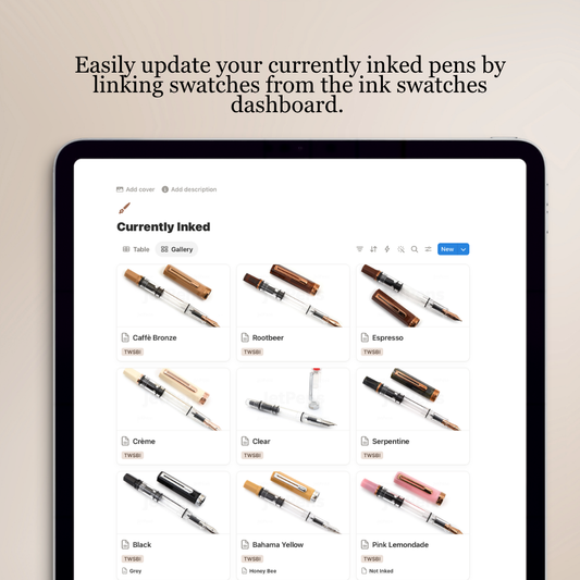 Pens & Inks Notion Tracker | Fountain Pen & Ink Swatch Template