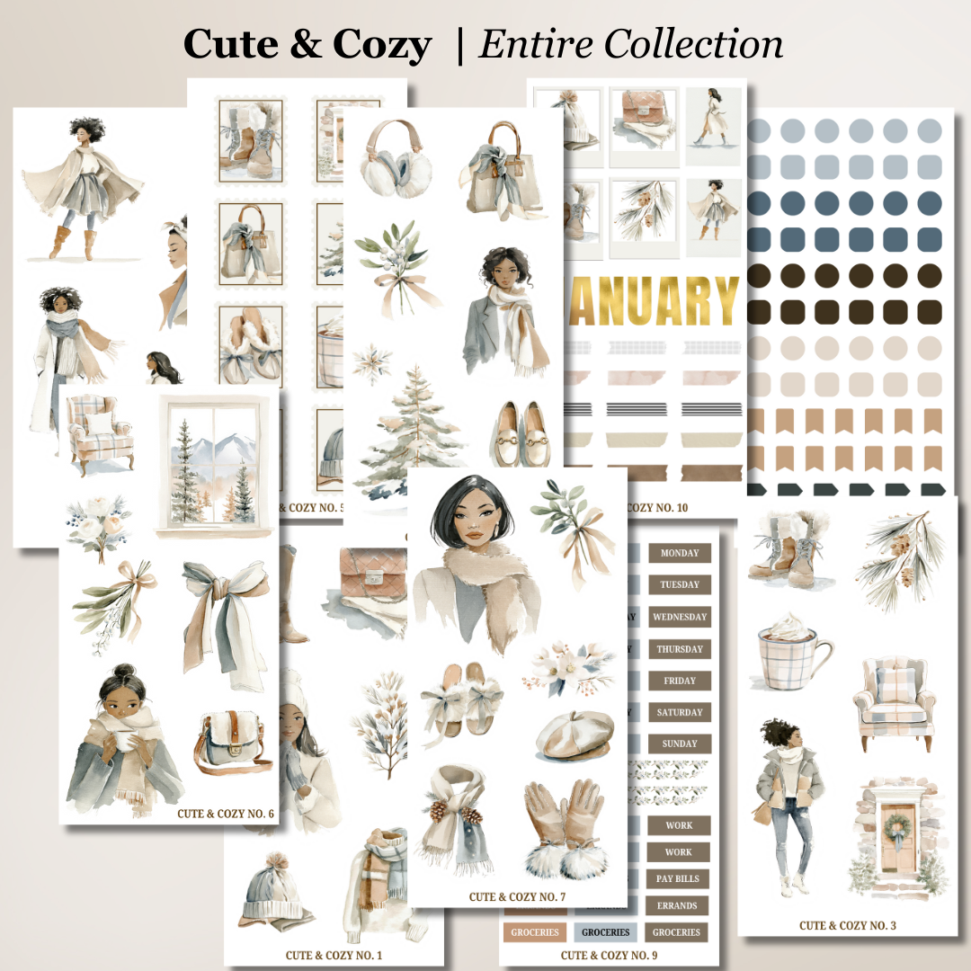 Cute & Cozy Collection Stickers | Neutral Watercolor Winter Aesthetic for Planners & Journals