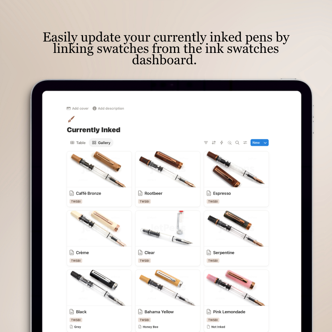 Pens & Inks Notion Tracker | Fountain Pen & Ink Swatch Template