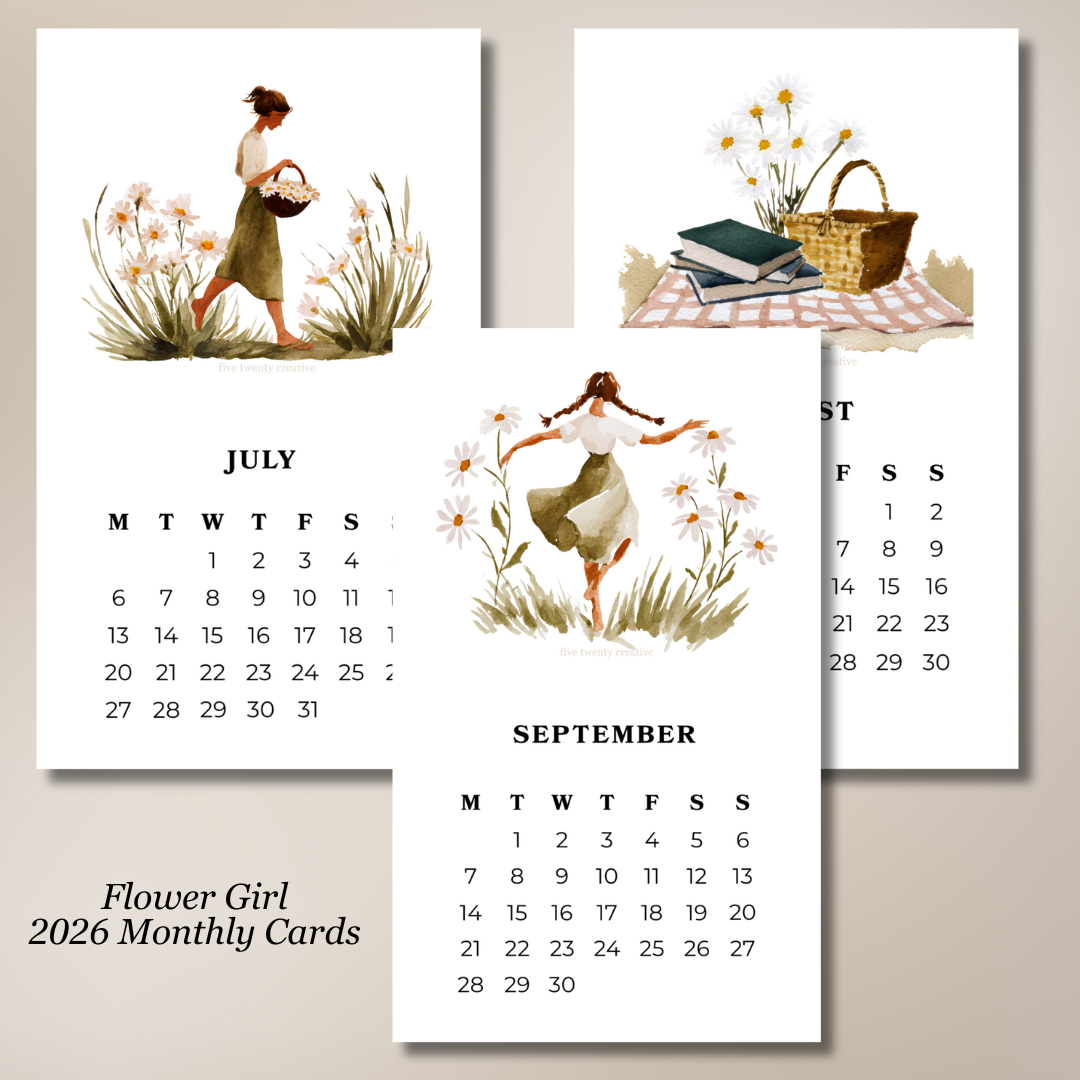 2026 Flower Girl Monthly Planner Cards