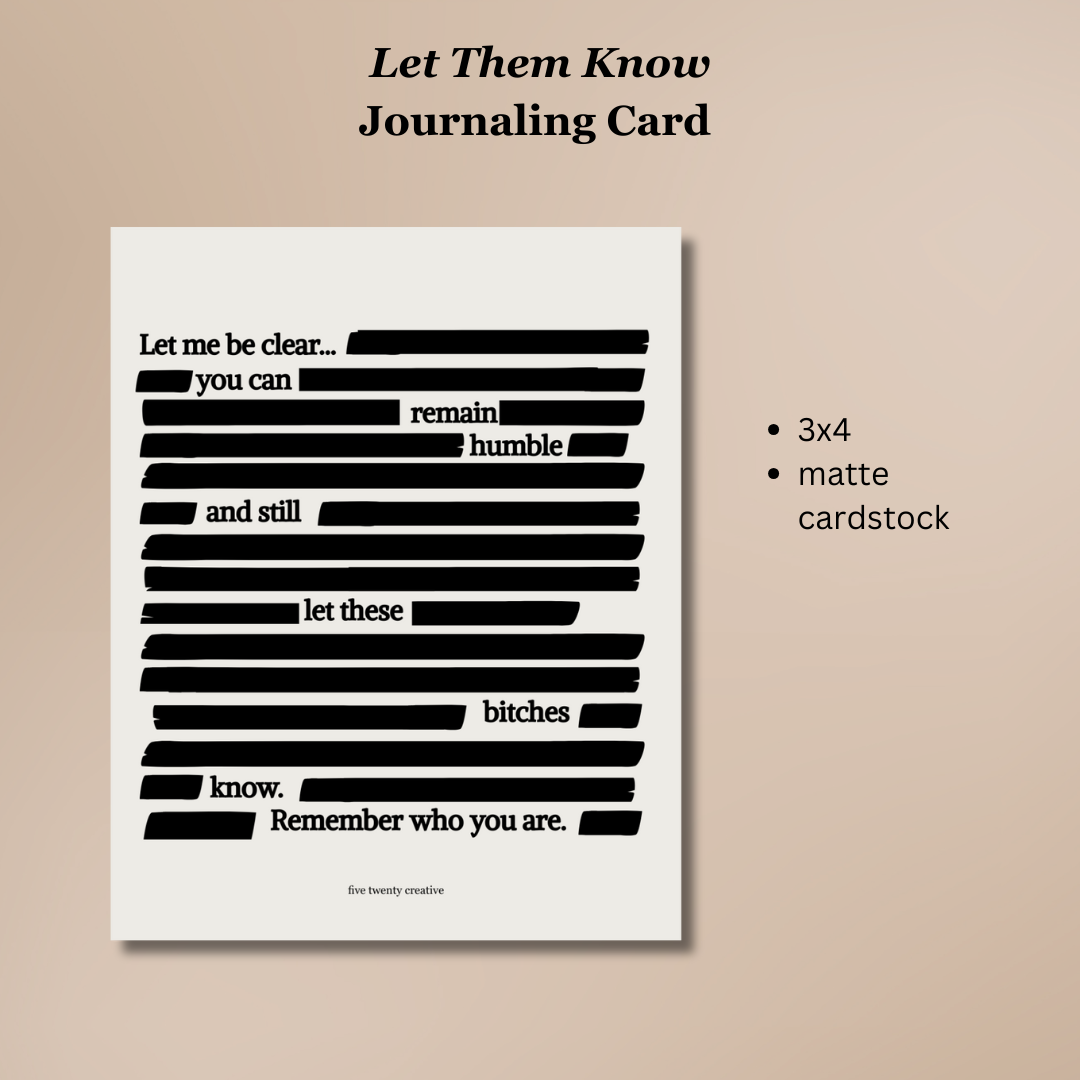 Minimalist redacted affirmation journaling card with bold black blackout lines and motivational message, printed on matte cardstock, 3x4 inches