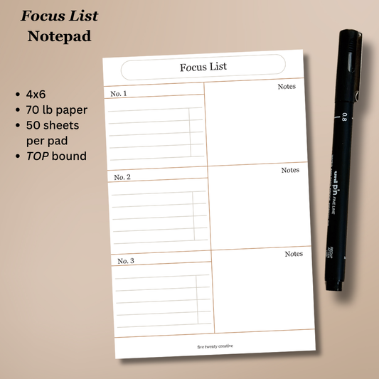 Focus List Notepad | 4x6 Priority Planner Pad for Productivity & Daily Tasks